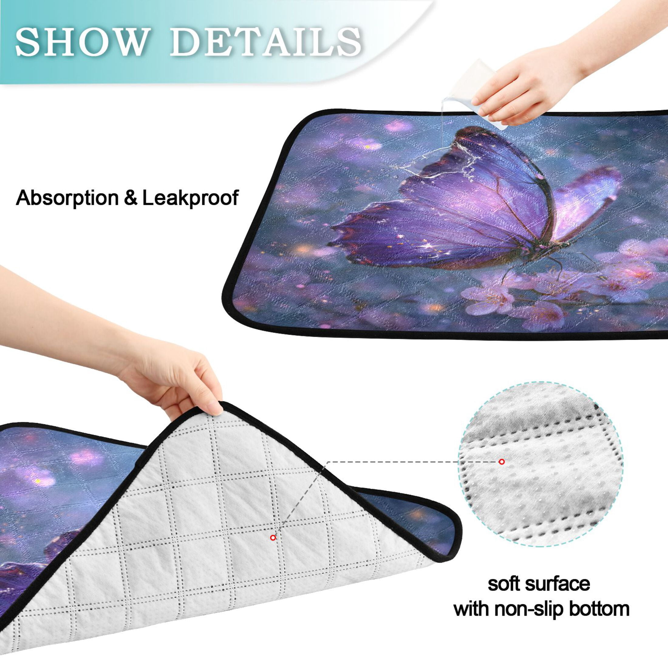Qxltty Sakura Purple Butterfly Cat litter Pads Pet Set of 3 Diaper Mats Center Anti-leakage Layer Absorbent Soft and Comfortable