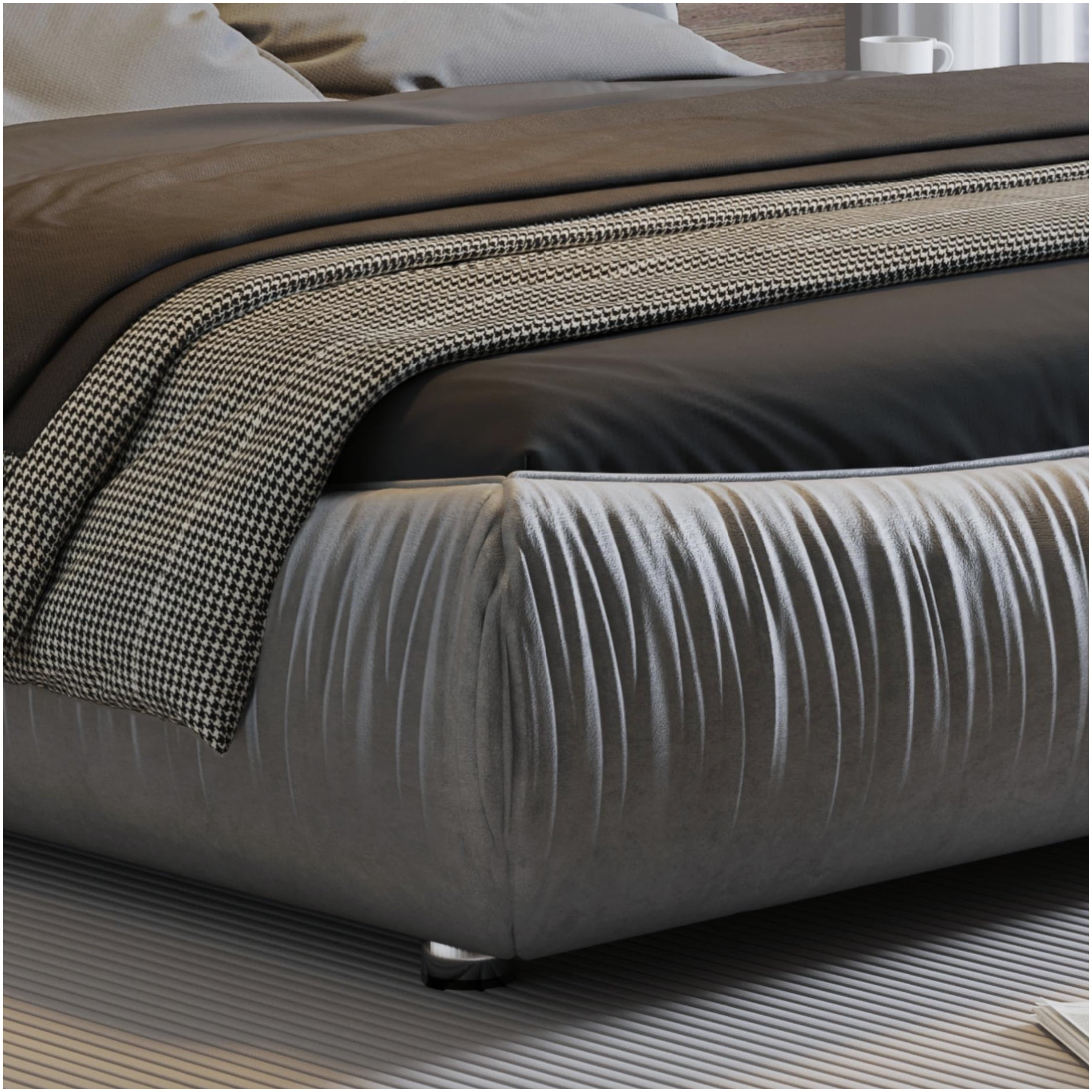 King Size Upholstered Bed Frame with Headboard, Grey Fabric Platform Bed, No Box Spring Needed, Heavy Duty Support