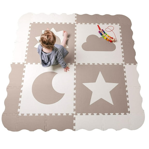 CHILDLIKE BEHAVIOR Beige Baby Play Mat Tiles - 61""x61"" Extra Large, Non Toxic Foam