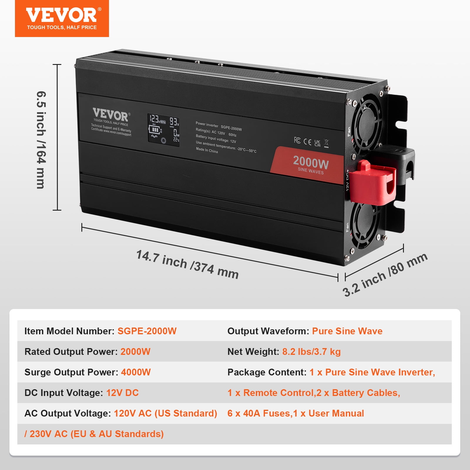 VEVOR Pure Sine Wave Inverter, 2000 Watt, DC 12V to AC 110V Power Inverter with 2 AC Outlets 2 USB Port 1 Type-C Port, LCD Display and Remote Controller for Medium-Sized Household Equipment, CE FCC