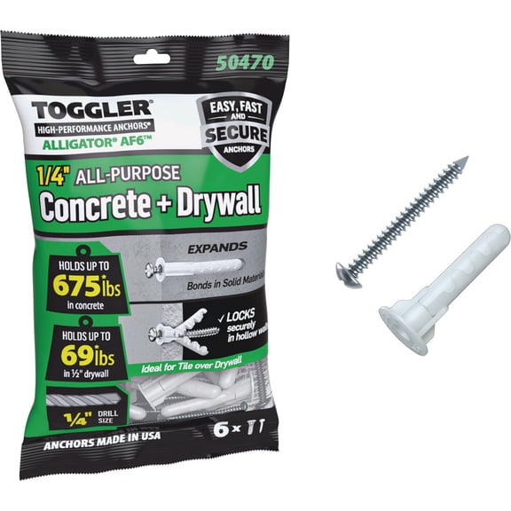 TOGGLER Alligator AF6 Flanged Anchor with Screws, Polypropylene, Made in US, for #6 to #12 Fastener Sizes 6