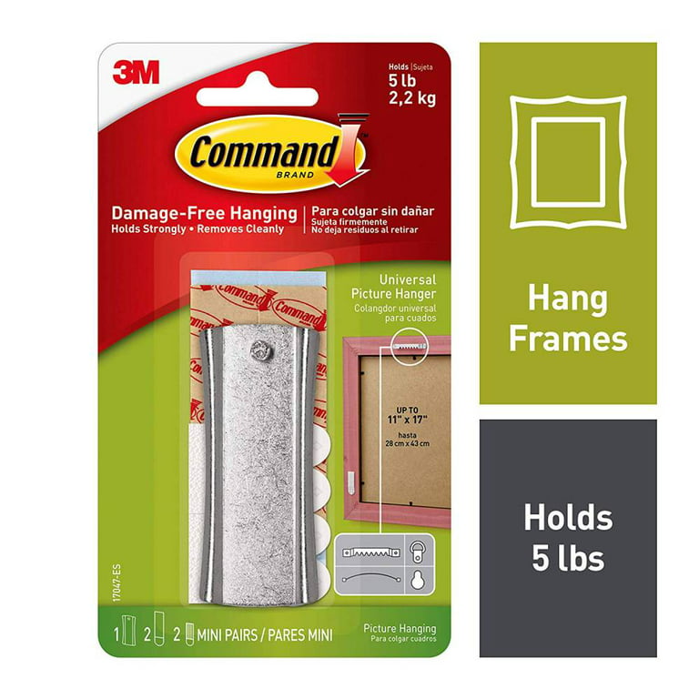 3M Command 17047 Universal Picture Hanger Large Sticky Sawtooth Nail Hanger  Damage Free Hanging Holds 5 Pounds 1 Hanger 2 Large Strips 2 Sets Mini  Strips Per Pack, 3-Pack 