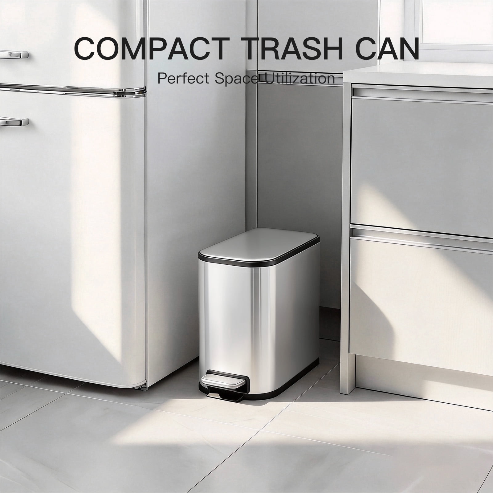 Slim Bathroom Trash Can with Lid Soft Close, Step Pedal, 5 Liter / 1.3 Gallon Stainless Steel Trash Bin, Small Garbage Cans for Bedroom, Office, Kitchen