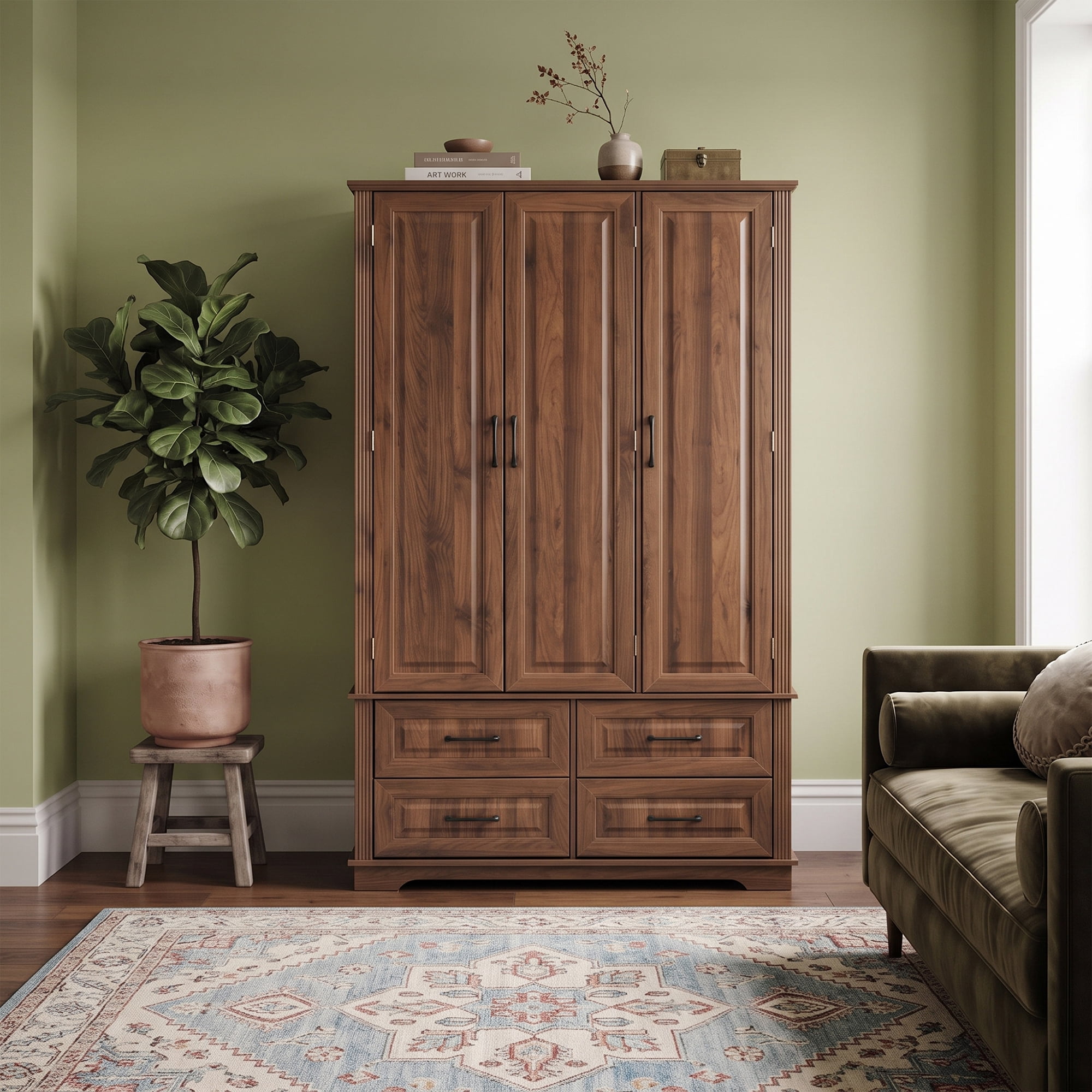 Euroco 72" Kitchen Pantry Storage Cabinet, Farmhouse Freestanding Cupboard Buffet with 3 Pull Out Tray, 5 Door Racks,4 Drawers and 3 Doors for Dining Room,Walnut Brown