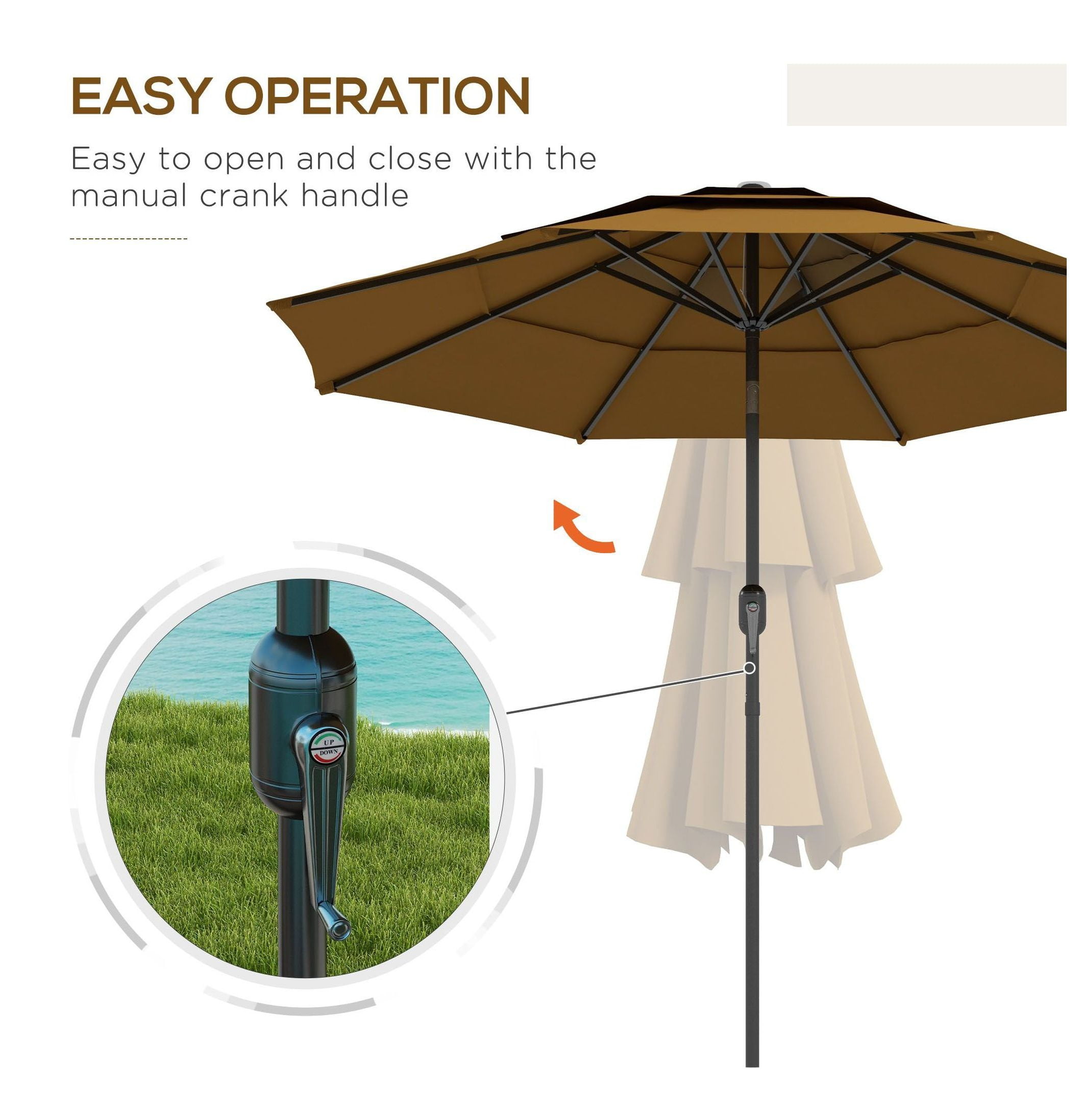 9FT Patio Umbrella Outdoor, 3-Tier Tan Crank Tilt Market Umbrella for Deck Backyard Lawn Sun Shade