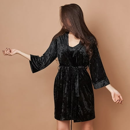 

Pajamas for women Autumn Diamond Velvet Warm Condole Belt Nightgown Suit Women s Knitted Nine-point Sleeve Solid Color Nightgown Luxury Temperament Home Clothing Black M