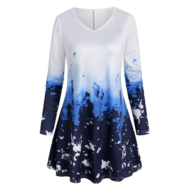 Tamaño más Ombre color con cuello en V T Rosegal Mangas largas de talla grande