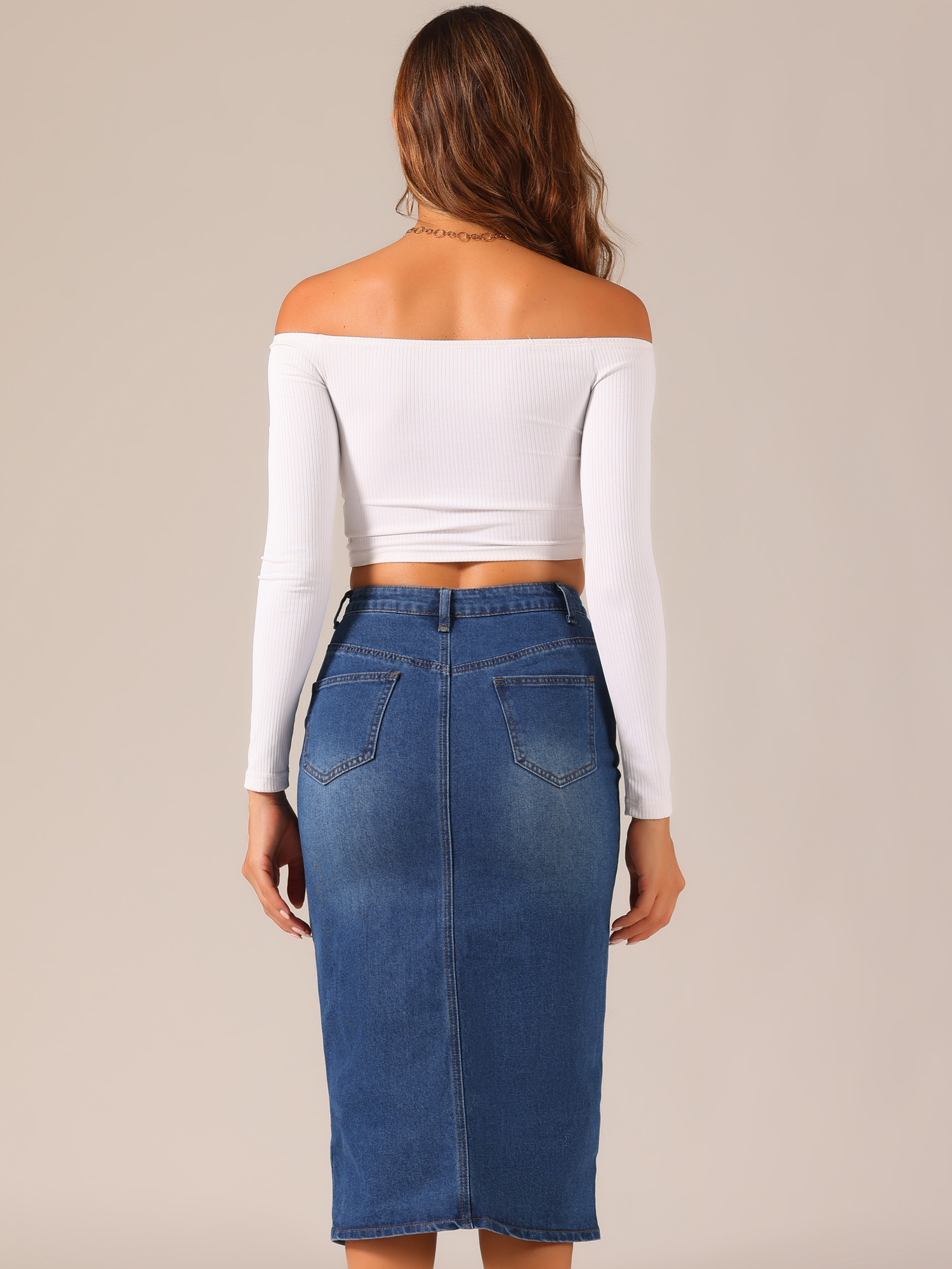 DARING DIVA Women's Denim Split Front Midi Jean Skirts L Dark Blue
