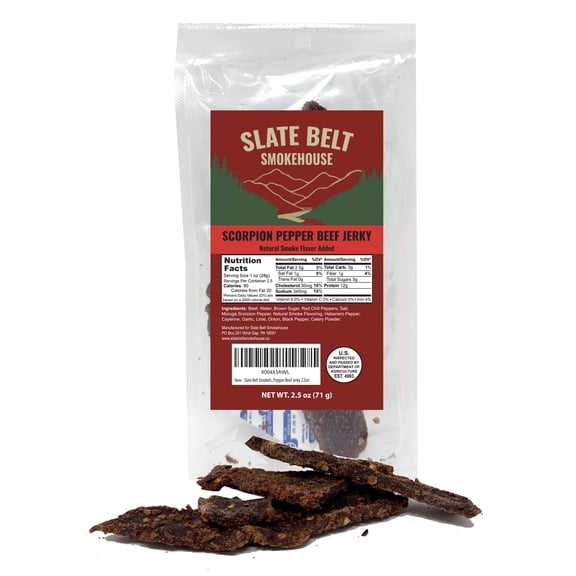 Slate Belt Smokehouse Scorpion Pepper Jerky, Spicy Beef Jerky with Heat 2.5 Ounce