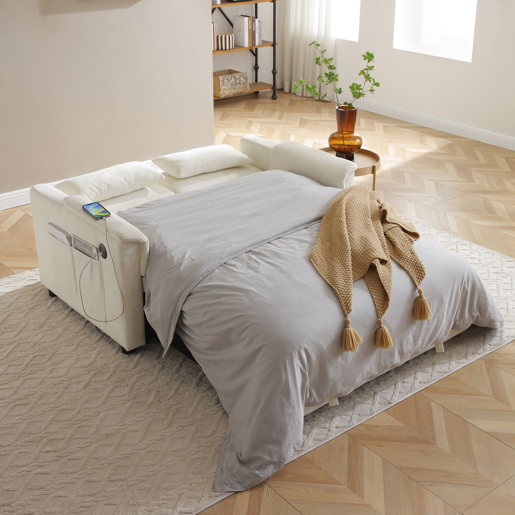55" Convertible Sleeper Sofa Bed,3 in 1 Velvet Pull Out Sofa Bed with Adjustable Backrest & USB Ports,Modern Loveseat Sofa Couch for Living Room,Apartment,Beige