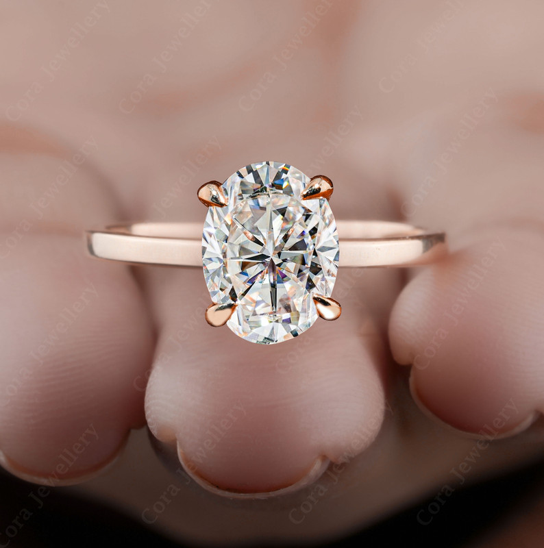 Cora Jewellery 3CT Bridge Diamond Oval Moissanite Hidden Halo Engagement Ring For Women, 14K Rose Gold