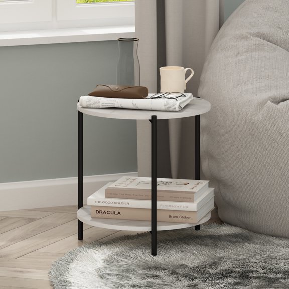 Furinno Besi 2-Tier Wide Round Side Table with Metal Legs, Metal Frame, White End Table, Night Stand, Bedside Table with Open Shelf, for Living Room, Bedroom, Light Marble
