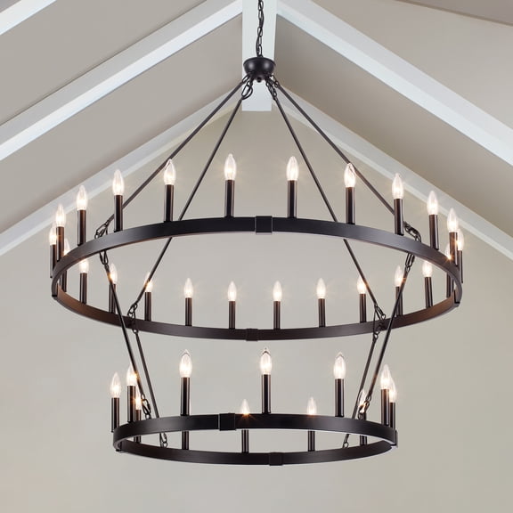 Modern 2-Tier Black Wagon Wheel Chandelier,36-Light Dimmable Chandelier for Dining Room, Living Room, Foyer and High Ceilings