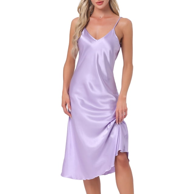 INSPIRAR CHIC Camisones de Satén para Mujeres con Escote en V, Pijamas de Lounge, Vestido Largo de Seda L Color Púrpura Claro