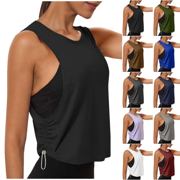 Otntypg Tank Tops for Women - Workout Sport Athletic Yoga Running Gym Loose Crop Sleeveless Shirts Casual Side Drawstring Ruched Athletic Tees Wine L