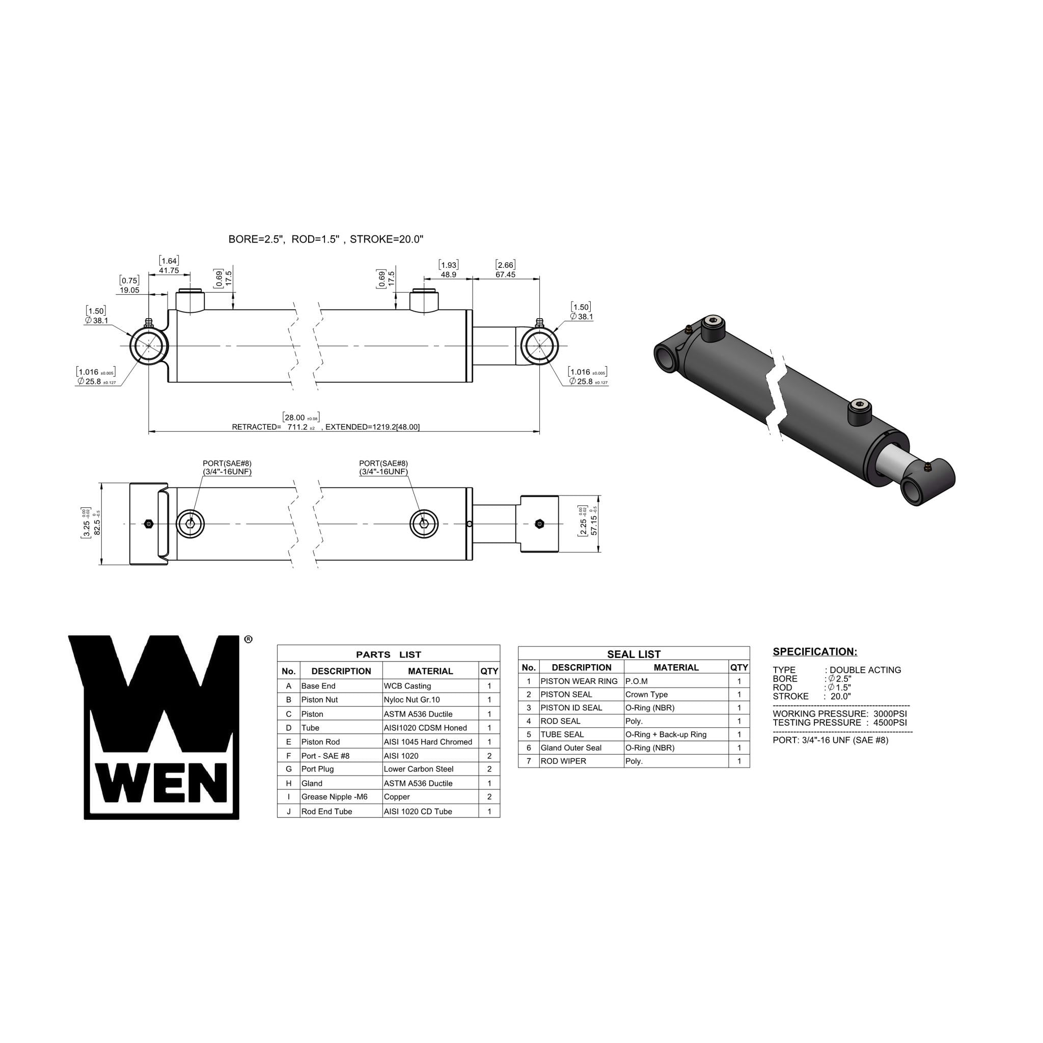 WEN Cross Tube Hydraulic Cylinder with 2.5-inch Bore and 20-inch Stroke (WT-2520)