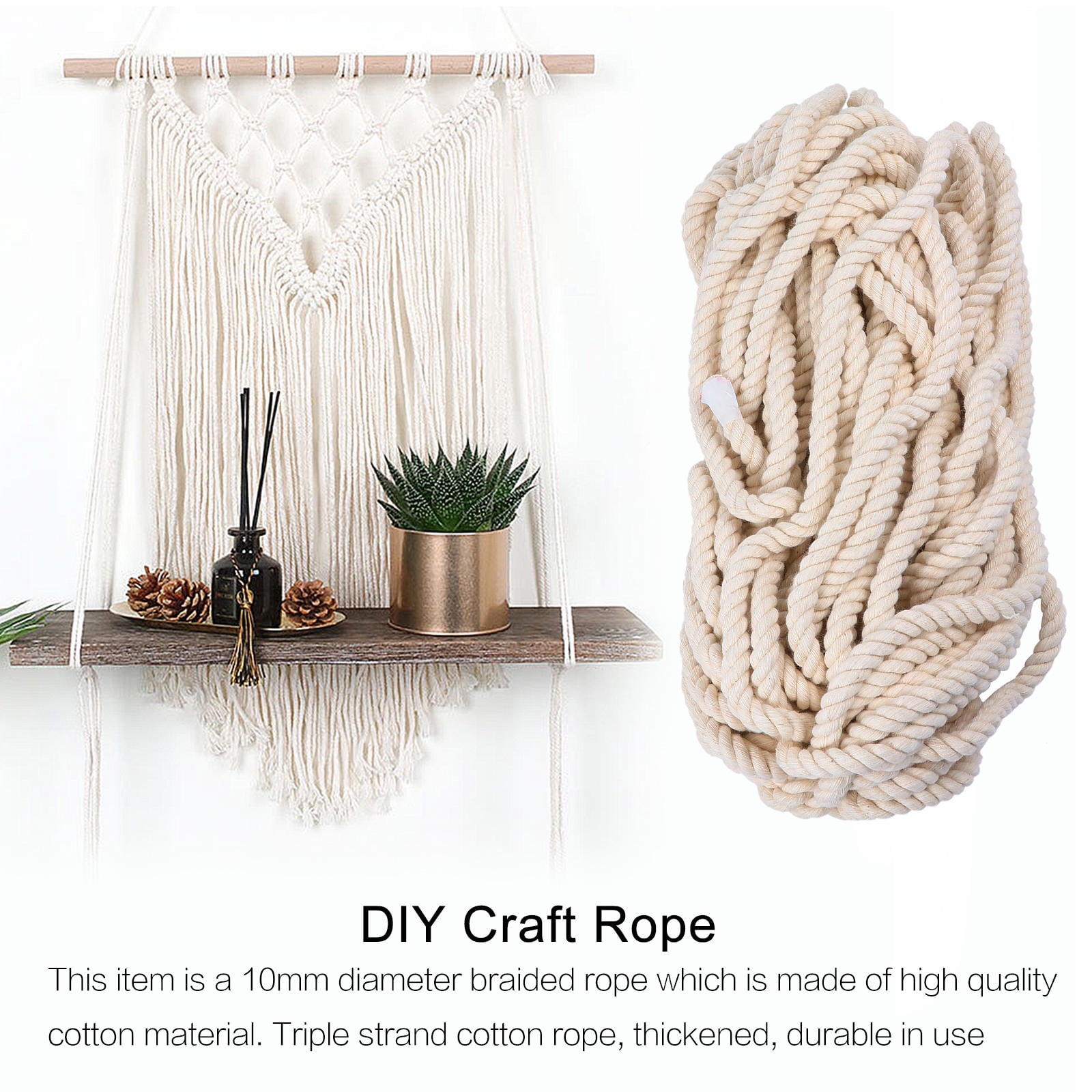 FOLOYORI Beige Cotton Macrame Cord Thick Triple Strand Rope for Wrapping and Decorative Craft Use