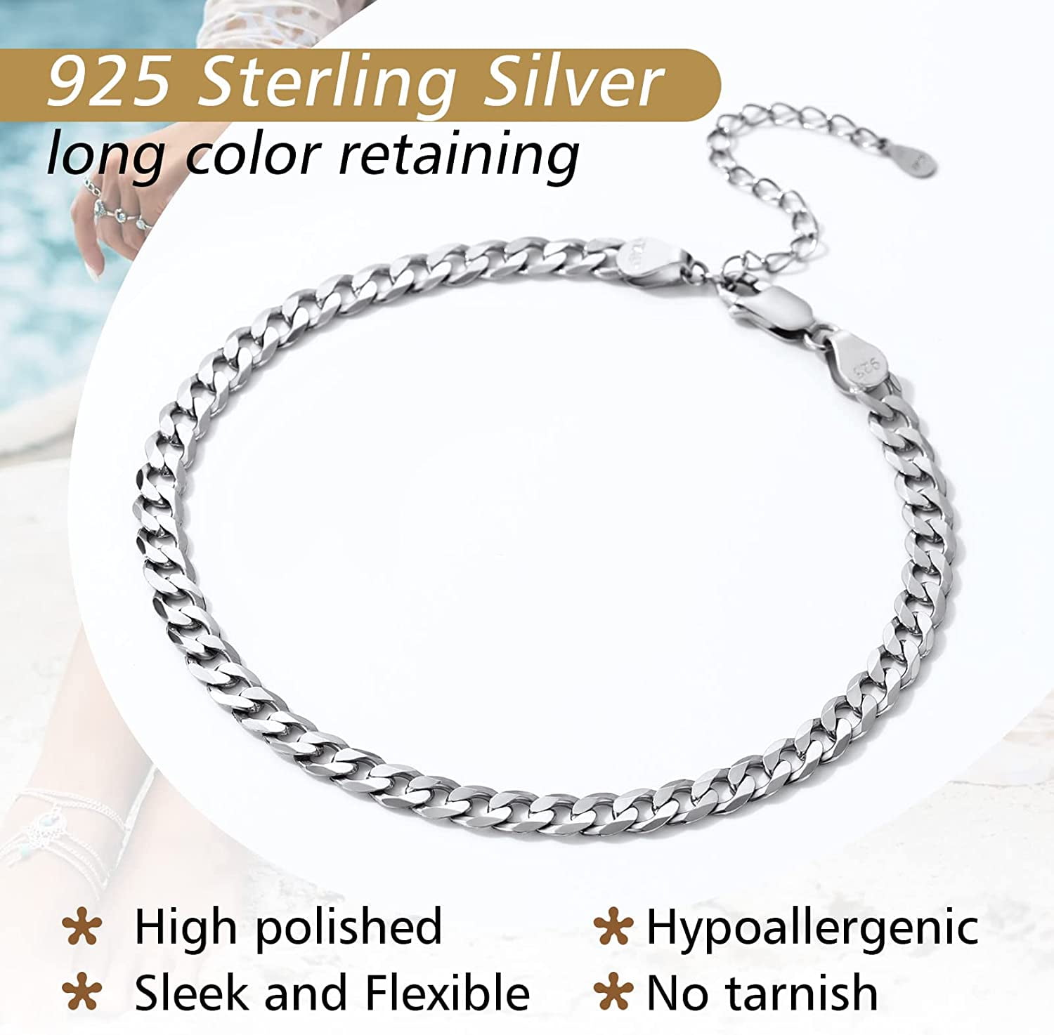 FindChic Womens S925 Sterling Silver Ankle Chains Flat Curb Chain Anklets 8.5" Foot Link Beach Jewelry, with Gift Box