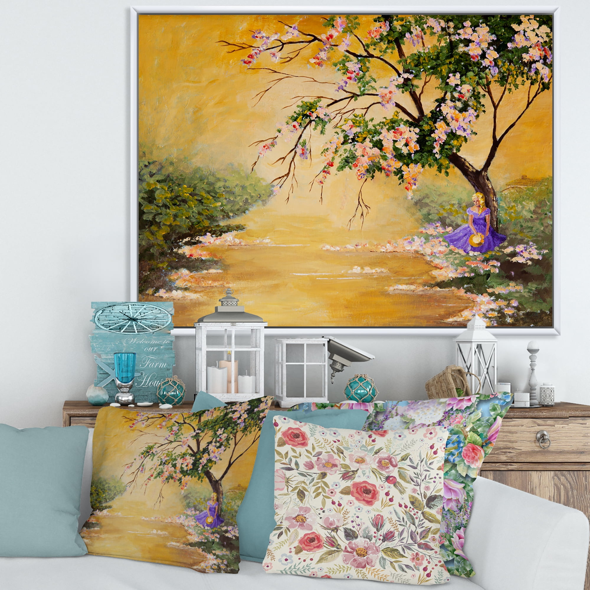 Designart 'Beautiful Girl Standing By The Flowering Tree' Traditional Framed Canvas Wall Art Print