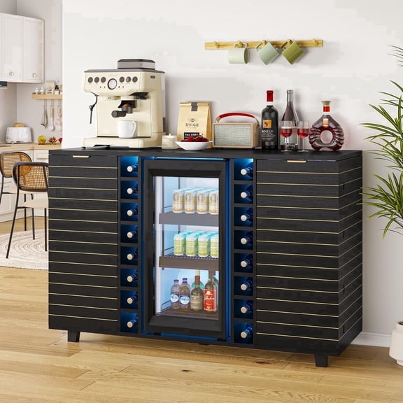 Einhomn Coffee Bar Cabinet with Fridge Space (Fridge Not Included),63" Bar Cabinet with LED Lights,Mini Fridge Cabinet with 16 Wine Storage Racks for Kitchen,Dining Room,Living Room,Black