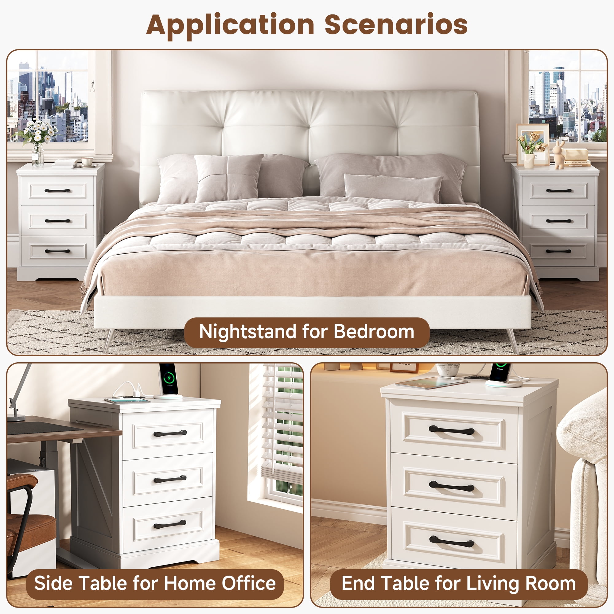 Nightstand, Farmhouse End Table with Charging Station, 3 Drawers Storage for Bedroom