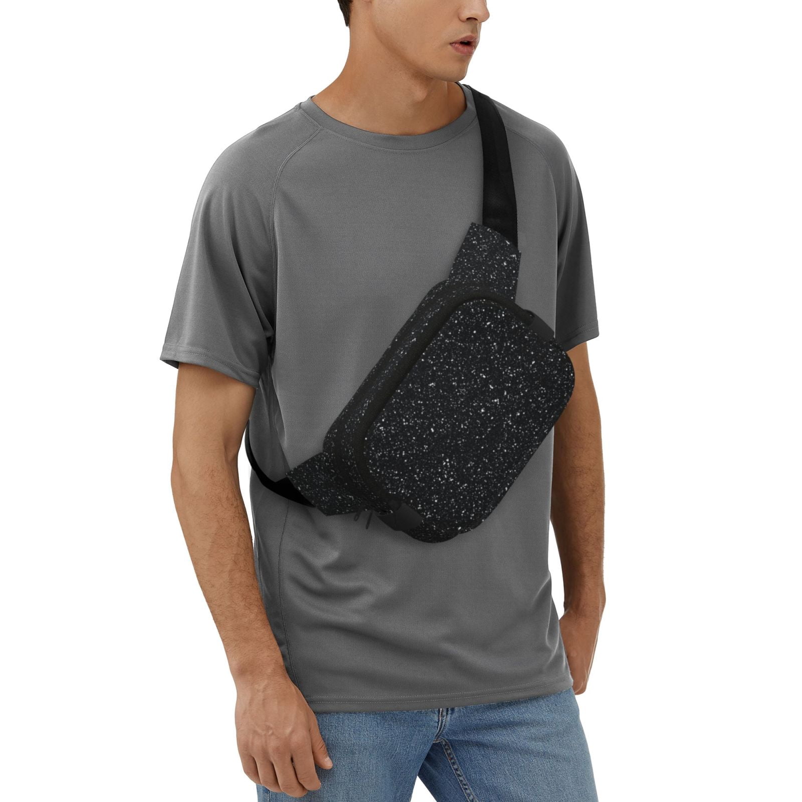 Fuzoiu Black Glitter Print Unisex Square Double Layer Waist Bag,Crossbody Fanny Pack Travel Workout Accessory