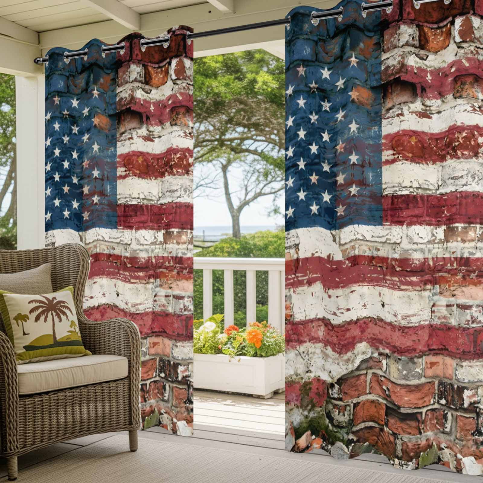 Independence Day Outdoor Curtains for Patio, Retro American Flag Star Brick Wall Stripes Sunshade Privacy Drapes Grommet Waterproof Outside Curtains for Porch/Cabana/Balcony 54"x 108", 1 Panel