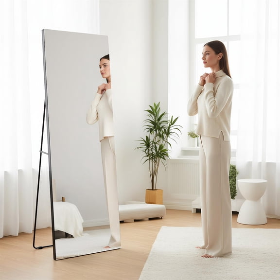 Demi Bonn 65x24 Inch Frameless Full-Length Mirror, Black Tempered Glass, Anti-Desilvering, Hammer-Resistant, Multi-Mount, High Color Accuracy, True Reflection