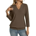 thumbnail image 3 of Womens 3/4 Sleeve Shirts Banded Bottom V Neck Summer Tops Loose Fit Casual Dressy Basic Tees Brown S, 3 of 6