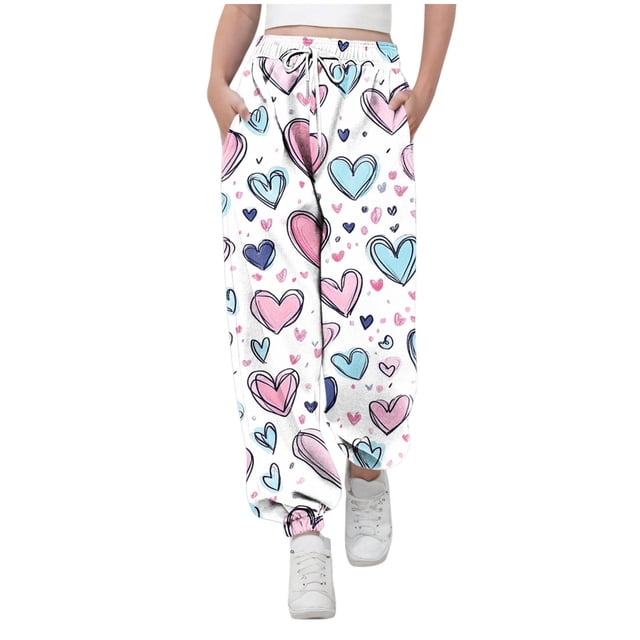 Pantalones largos para niños y niñas con estampado de cintura elástica y cordón con bolsillo, pantalones largos de cintura alta, pantalones de algodón para niña