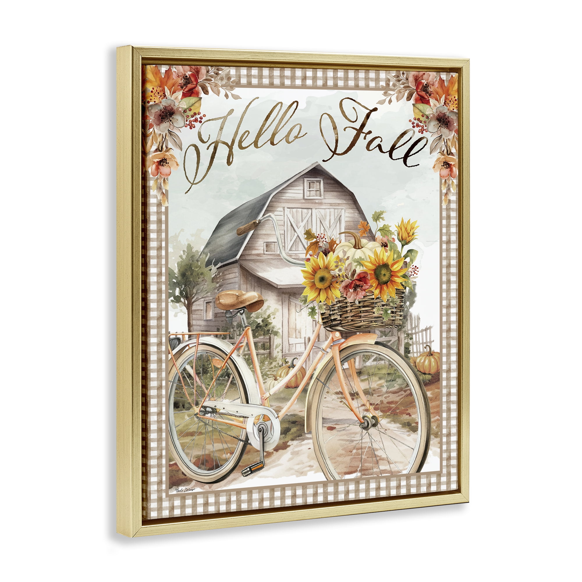 Stupell Industries Hello Fall Cottage Bicycle Botanical & Floral Painting Gold Floater Framed Canvas Art Prints Wall Art, 17 x 21