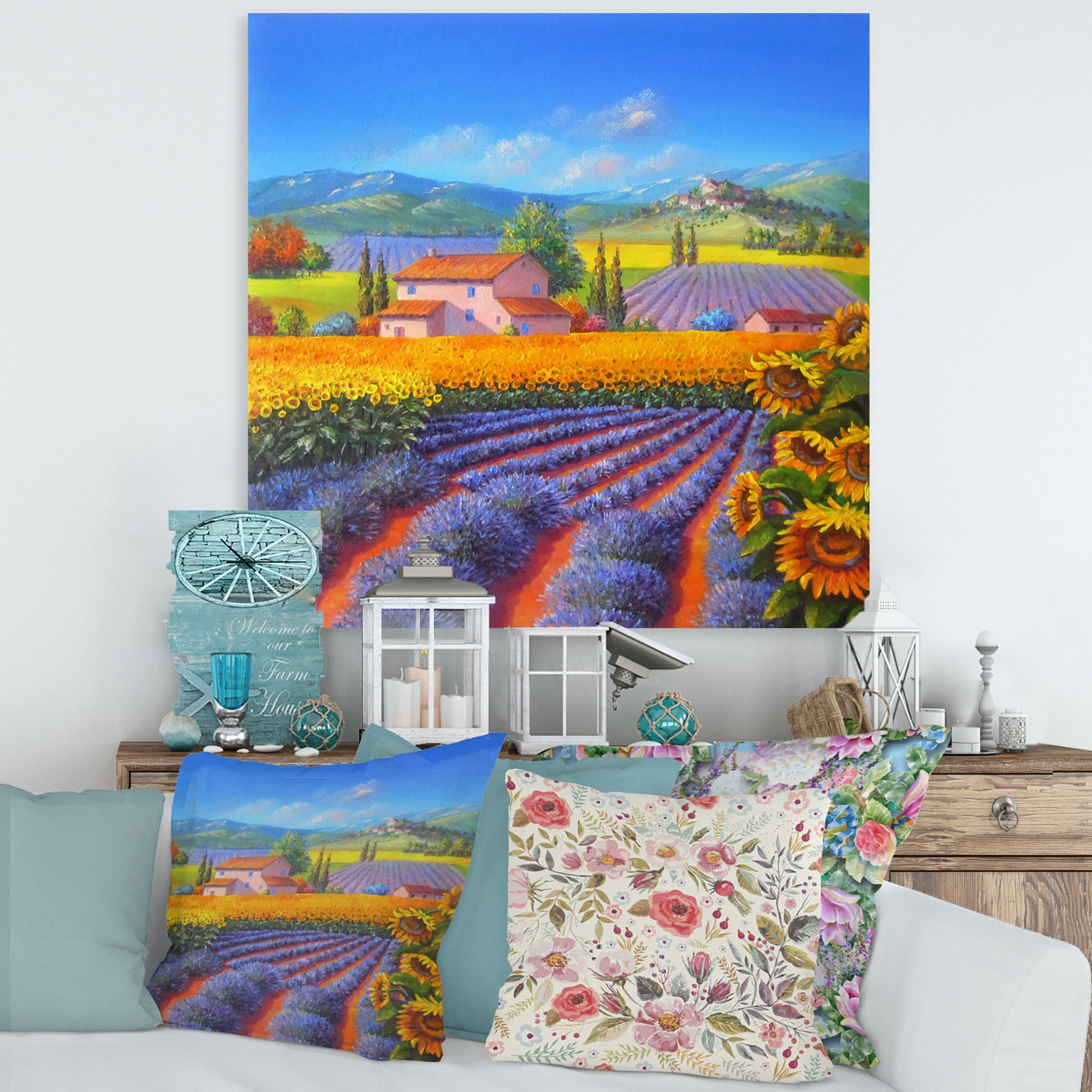 Designart ' Sunflower and Lavender Fields ' Traditional Canvas Wall Art Print