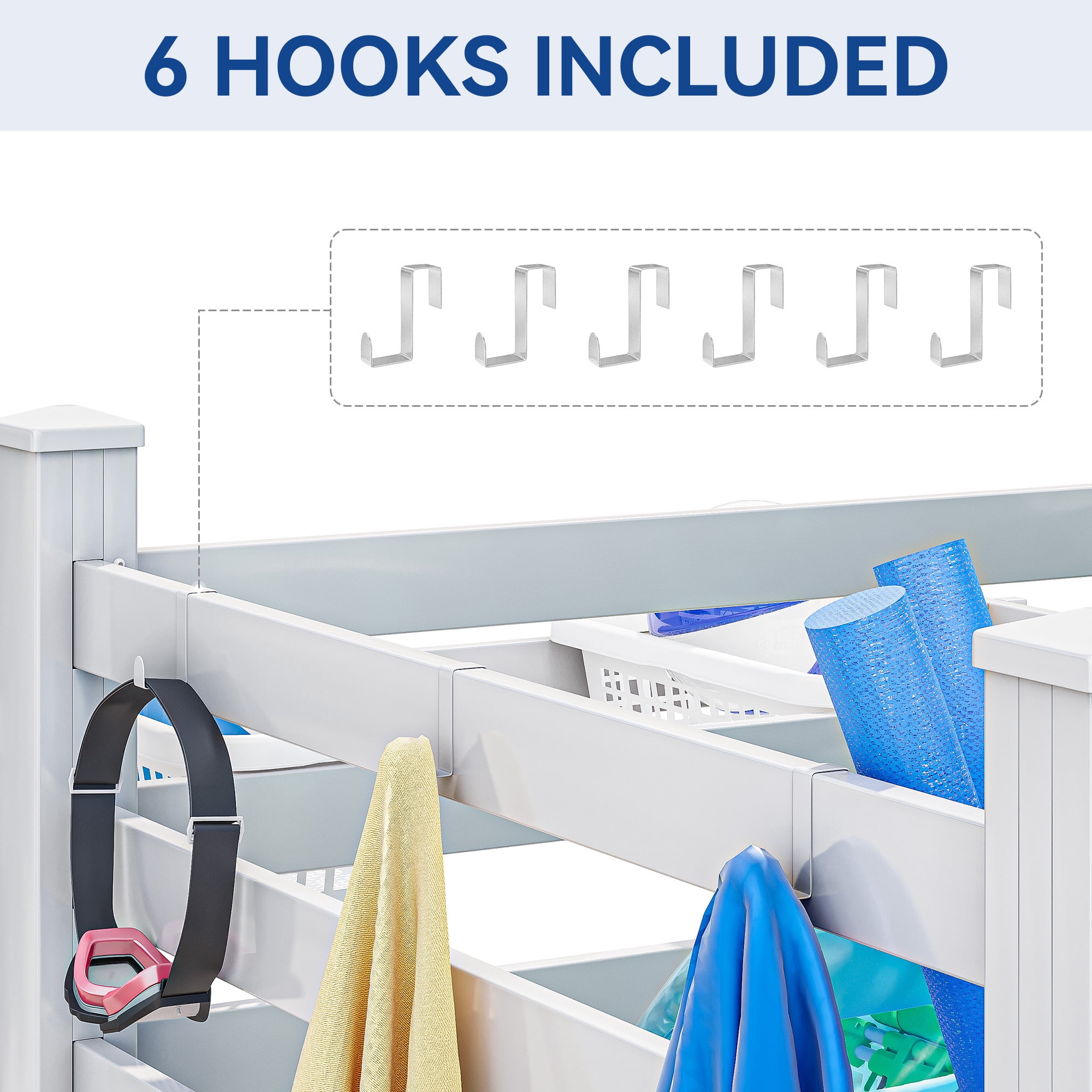 Uforic Pool Storage Bin White 64"x46"x38" Resin Deck Box with 6 Movable Hooks for Poolside Towels Goggles and Accessories