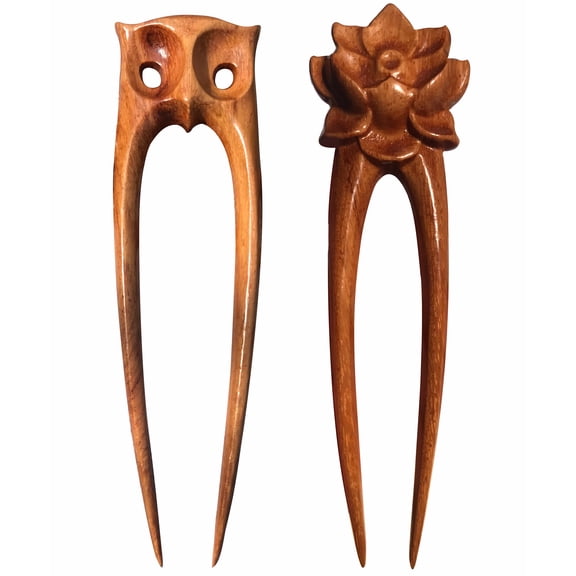 Handicraftviet - Wood Hair Pin Hand Carved Hair Forks for Women, 6.29", Unique Gift for Mother's Day – Set 2 Owl And Flower Hair Fork