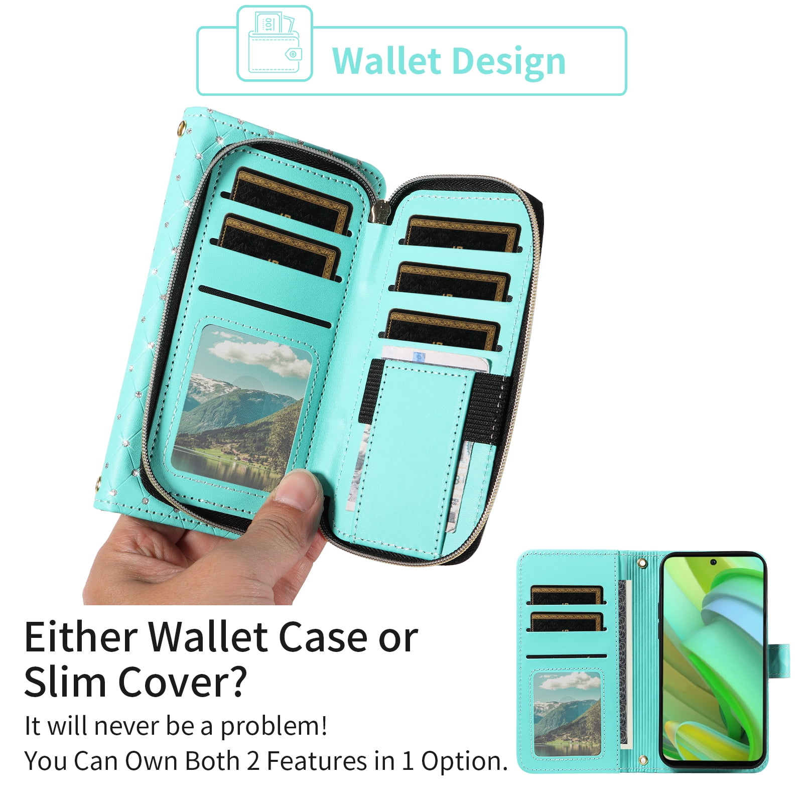 Compatible with Motorola Moto G Power 5G 2023 Wallet Phone Case Tempered Glass Screen Protector Bling Glitter Crossbody Lanyard Strap Flip Zipper Purse Card Holder Cell Cover for GPower Women Green