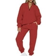 thumbnail image 1 of Avamo Ladies Tracksuit Set V Neck Jogger Sets Solid Color Two Piece Outfit Breathable Sweatshirt And Sweatpant Sports Sweatsuits Red S, 1 of 5