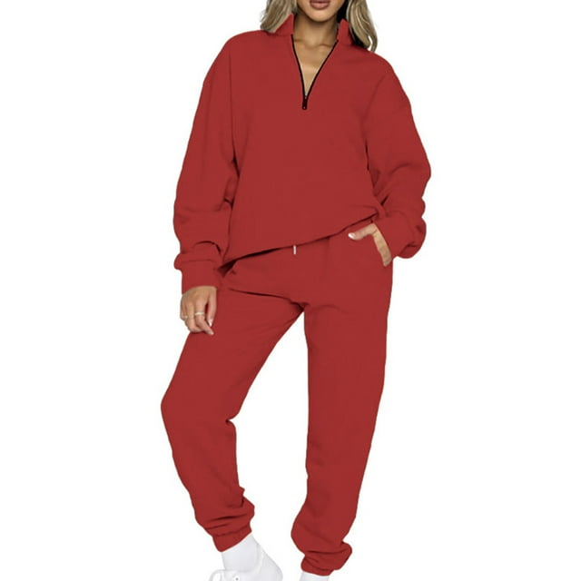 MAWCLOS Women Jogger Sets Long Sleeve Tracksuit Set Solid Color Two Piece Outfit Breathable Sports V Neck Sweatsuits Red M