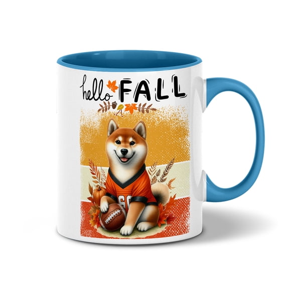 Hello Fall Shiba Inu Football Welcome Autumn with Leaves Pumpkins 11oz Accent Two-tone Mug Shibas Dog Lovers Gifts Idea Coffee Tea Cup - 00012