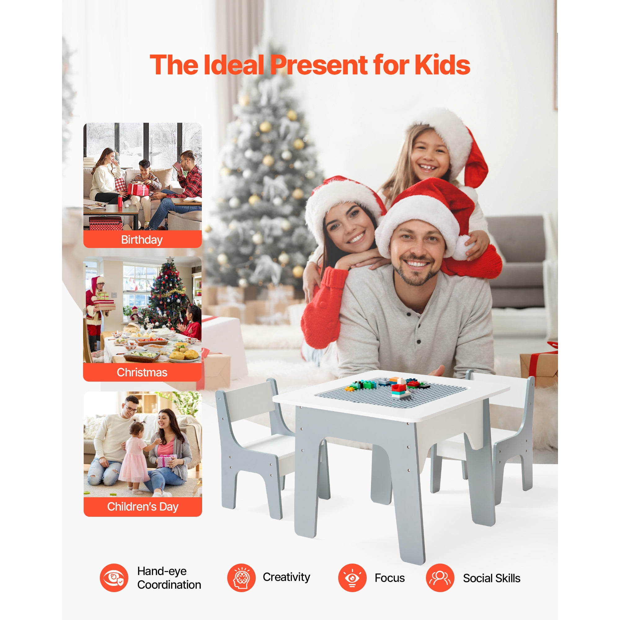 KFFKFF 4-in-1 Kids Activity Table and Chair Set, Double-Sided Tabletop for Drawing and Building Blocks, Play Table with Storage for Children Aged 3+, Spacious Design, Ideal Gift for Boys and Girls
