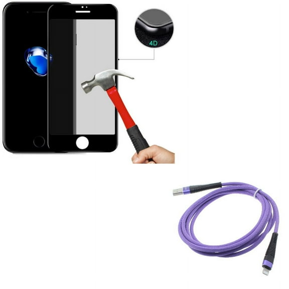iPhone 7/8 PLUS 6ft USB Cable w Privacy Screen Protector - Purple Charger Cord Power Wire, Tempered Glass Curved Anti-Spy Anti-Peep for iPhone 8 PLUS/7 Plus