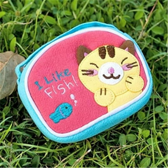 K-144-CAT 4.1 x 3 in. Kitty & Fish - Embroidered Applique Fabric Art Wrist Wallet & Coin Purse