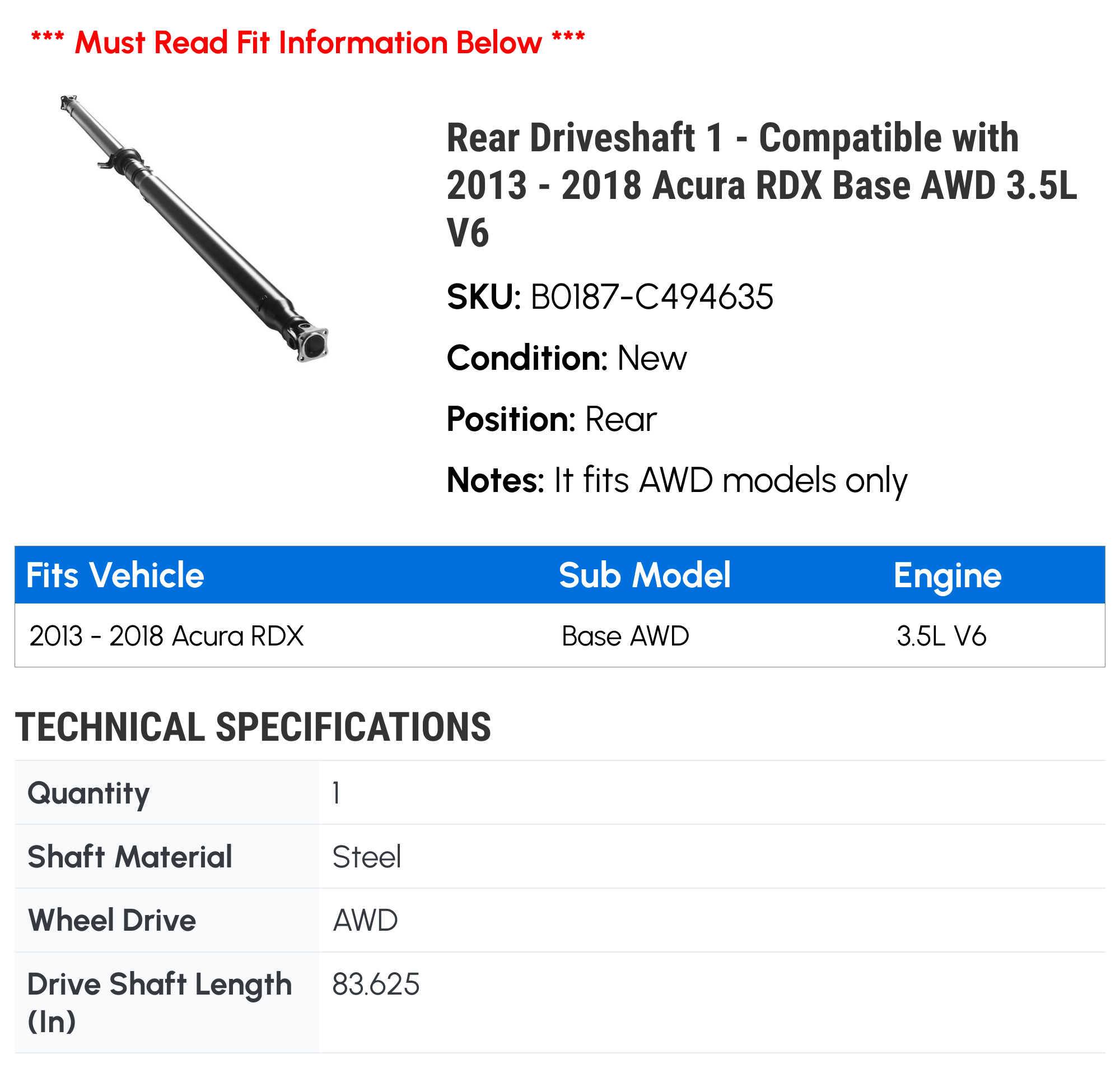Rear Driveshaft Prop Shaft Assembly For Lexus RX350 AWD 2010-2015 – 3710048040