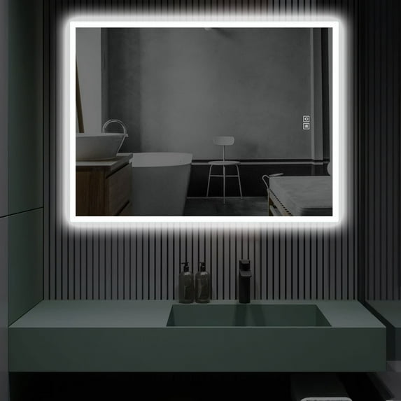 LED Bathroom Mirror Wall Mounted Vanity Makeup Anti-Fog Dimmable Rectangle with Light Horizontal Vertical 32"x24"