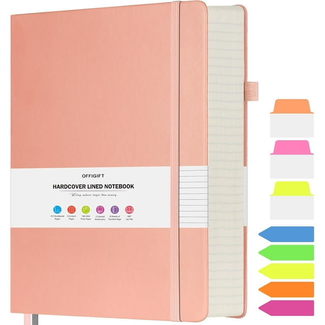 Lined Journal Notebook, Large A5 College Ruled Notebook, 312 Numbered Pages Work Notebook with Index Stickers, 100gsm Thick Paper, Hardcover Vegan Leather Journal for Women Men School Office, Pink