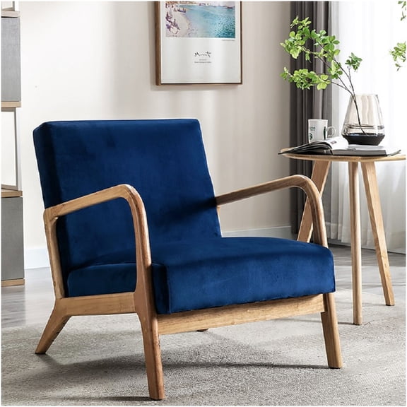 Mid Century Modern Velvet Accent Chair, Blue Upholstered Armchair with Plush Cushions for Living Room and Bedroom