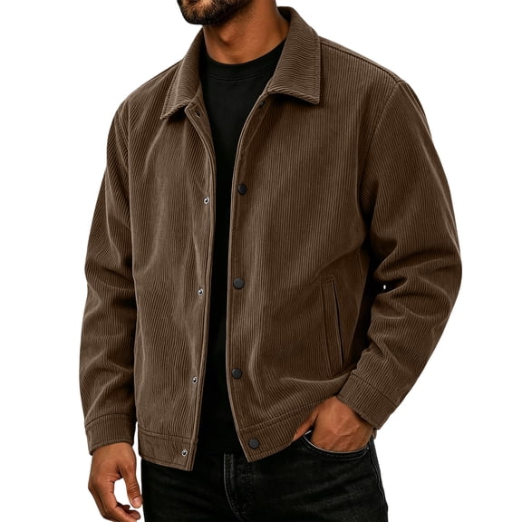 Havenx Men's Corduroy Jacket Long Sleeve Button Down Shirts with Pockets Lapel Collar Solid Color Shacket Jacket Loose Fit Fall Winter Vintage Casual Clothes,Brown 3XL