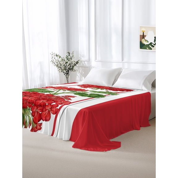 California King Size Flat Sheet Only,Spring Summer Flowers Geranium Soft Top Bed Sheets Breathable Bedding Sheet Red Geometric Striped Microfiber Hotel Luxury Top Sheets