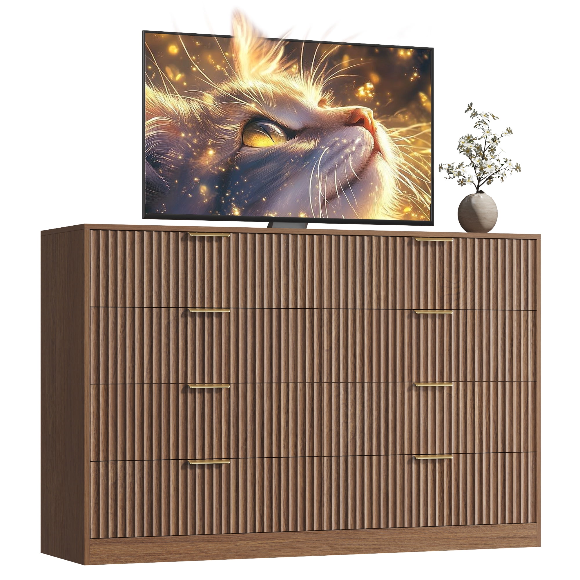 ASTUVIA 55.1" W Fluted 8 Drawer Dresser for Adult,Wooden Bedroom Dresser,Dresser TV Stand up to 65" for Living Room,Oak
