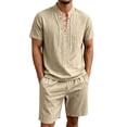 thumbnail image 2 of Mens Linen 2 Piece Set Short Sleeve Retro Medieval Viking Lace Up Henley Pirate Shirt and Shorts Summer Distressed Vacation Outfits Khaki, 2 of 9