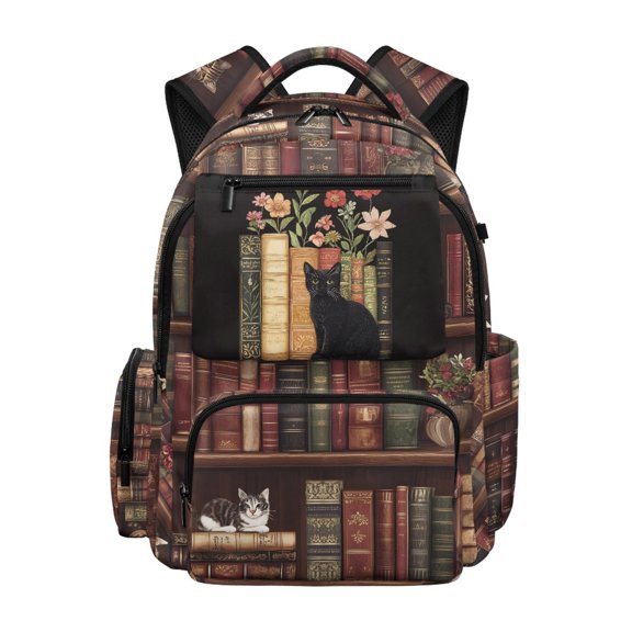 FUIALDOLG Multi-Pocket Bookbag for Elementary School Travel, 600D Polyester Breathable Boys Backpack, Cat Floral Pattern